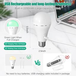 Rechargeable Light Bulbs with Remote Control, Smart Bulb E27 Cordless Battery Operated Light Bulb for Lamps,Dimmable/Timer
