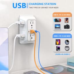 US Plug Power Strip with 6 AC Outlets 4 USB Port(2 Type C), Multi Socket Wall Socket Universal Network Filter Fast Charging