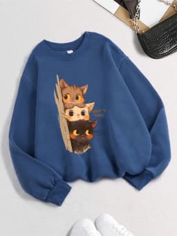 Three Little Cats Are Secretly Watching You Print Hoodie Women Street Loose Sweatshirt Basics Sporty Pullover Winter Clothes