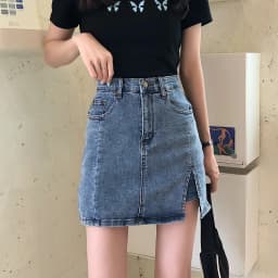 High Waist A-Line Skirt Slit Design Denim Short Skirt Women's Spring Autumn plus Size Slimming Split Half-length Skirt
