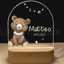 Personalized Baby Birth Night Light Custom Name Animal Elephant Lion with USB Wood Base Lamp for Bedroom Table Rainbow Decor