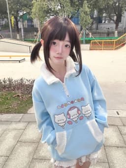 Japanese Lamb Wool Patchwork Stand Neck Hoodies Women Cartoon Embroidery Kawaii Cute Sweatshirt Harajuku Grunge Loose Streetwear