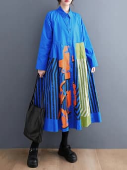 Long Sleeve Patchwork Vintage Print Dresses For Women Loose Casual Midi Dress Robe Fashion Elegant Clothing Spring Autumn 2026