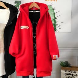 plus Size Fleece Lined Thickened Medium Length Open Cardigan Hooded Loose Maternity Sweatshirt Jacket Women's Korean Style Co...