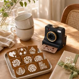 3D Printed Latte Art Camera One‑Touch Coffee Printer with 8 Stencil Cards Miniature Instant Camera Coffee Stencils Latte Art