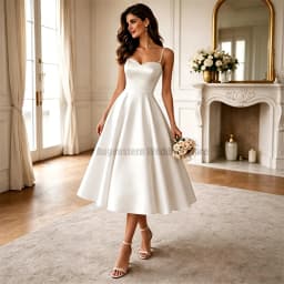 Customized Wedding Dress Midi Beige Satin Bead Spaghetti Strap Wedding Gowns for Women 2026 Bride Tea Length A Line Bridal Gown