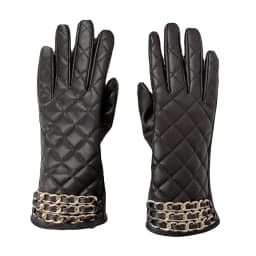 Women Black Chain Thickened Plush Inside Grid PU Artificial Leather Glove Sexy Female Nightclub Dance Punk Performance Mitten
