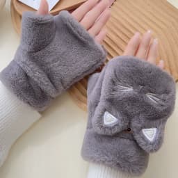 Cute Cat Plush Mittens Korean Style Thickened Fingerless Gloves Touchscreen Compatible Women Warm Flip Cover Plush Handwear