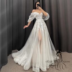 Ivory A-Line Wedding Dresses Women V-Neck Short Sleeves Long Bride Dress Sweep Train Lace Applique Occasion Gowns EBG98004