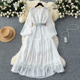 French Vintage O Neck Hollow Out Lace Patchwork Long Lantern Sleeves Korean Fashion Dresses Women's Autumn Waist Sweet Clothing