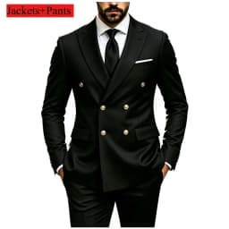 Men's Peak Lapel Double Breasted Golden Button Flap Pocket Business Commute Suit Men Trending Luxury Formal Slim Fit Groom Suit