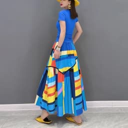 Elastic Waist A-Line New 2023 Summer Korean Style Woman Long Blue Printed Skirt Pockets Loose Fit Casual Holiday Skirt JJSK031