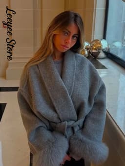 Retro Faux Fur Patchwork Woolen Maxi Coat Women Solid Full Sleeves V-neck Lace Up Loose Coats Lady Winter Commute Outwear New