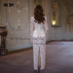 Customized White Mermaid Bow Collar Wedding Dress Lace Long Sleeve Lace-Up vestidos de noche Floor-Length robe de mariée