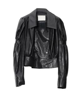 [EAM] Vintage PU Leather Cropped Jacket New Lapel Long Puff Bubble Sleeve Women Coat Fashion Tide Spring Autumn 2026 1DJ9713