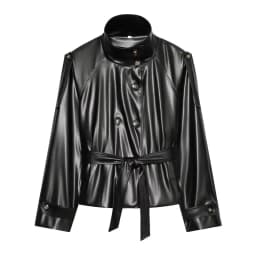 Women's Short Leather Effect Trench Coat, Lapel Double Breasted Windbreaker with Belt, Vintage Faux Leather Jacket