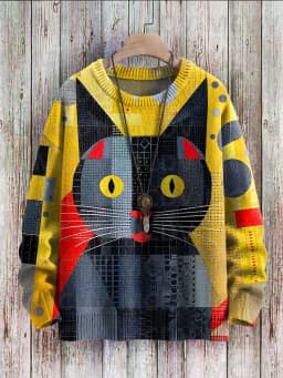 Cute Black Cat Flower Birds Art Pattern Print Casual Knit Pullover Sweater Classic Sweater Men's For Women's Pullover