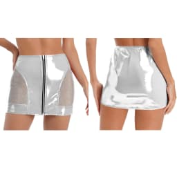 Womens PU Leather Front Zipper Mini Skirt Side Sheer Mesh Patchwork High Waist Bodycon Micro Skirt Wet Look Club Party Miniskirt