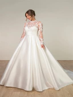 Customized High Neckline Long Sleeves A-Line Satin Wedding Dress Elegant Button Back Floor Length Sweep Train Gown For Bride