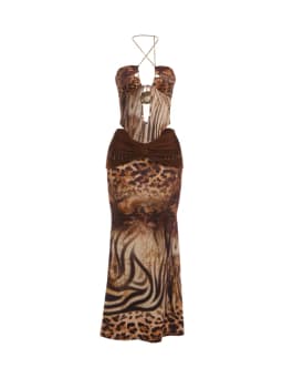 Weird Puss Leopard Print 2 Piece Set Women Cross Chain Halter Backless Irregular Hem Tank Top+Ruched Patchwork Skirt Party Suits