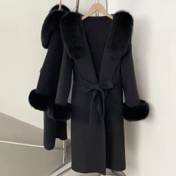 OFTBUY New Winter Warm Hood Solid Woolen Overcoat for Women Long Wool Blend Coat Women Real Fox Fur Belted Waist Jacket Female