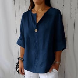 VEITCHE Spring Summer Women's Shirt Blouses Top V-neck Button Tee Shirts 3/4 Sleeve Casual Cotton Linen Top Loose Fit Pullover
