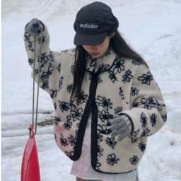 Korean Style Double-Sided Wear Floral Pattern Loose Women's Jacket Winter Warm Cotton Coat Short Sleeve Zipper Closure