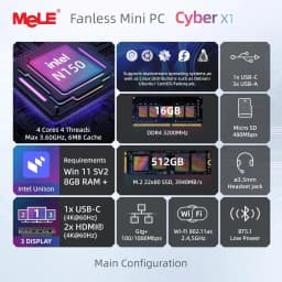 MeLE Cyber X1 Mini PC N150 Fanless PC 8GB 16GB 128GB 256GB 512GB 2.4/5G Wi-Fi, Full-Functional USB-C, 4K Triple Display Desktop