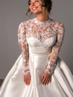 Customized High Neckline Long Sleeves A-Line Satin Wedding Dress Elegant Button Back Floor Length Sweep Train Gown For Bride