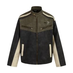 Retro American Collar Splice PU Leather Jacket Loose Casual Outerwear for Men And Women High Street Style Motorcycle Coat