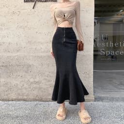 2026 Solid Slimming High Waist Midi A- Line Skirt Woman Trumpet Sides for Women Denim Half-length Skirt with Flounce
