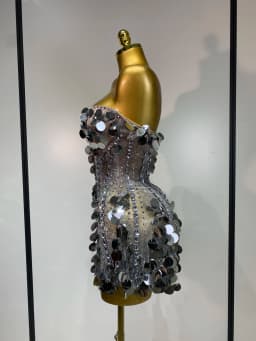 Sparkly Silver Rhinestone Sequins Strapless Mesh See Through Mini Dress Birthday EveningParty Nightclub Singer Stage Costume