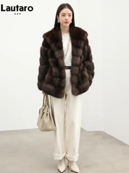 Lautaro Autumn Winter Elegant Luxury Chic Thick Warm Soft Faux Sable Fur Coat Women with Hood High Quality Fluffy Jacket Hoodie
