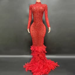 Luxury Shiny Crystal Diamond Elastic Tight Feather Splice Dress Empress Cross dress Show Luxury Prom Dress Performance Costume