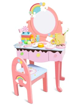 Kids Wooden Vanity Table Set with 3 Mirrors & Chair, Girls Pretend Play Dressing Table with Makeup Accessories