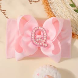 26 Letters Pink Big Bows Pearl Headbands for Baby Girls 5.98'' Wide Nylon Knotted Soft Elastic Hair Bands Wraps Headwear 1PCS