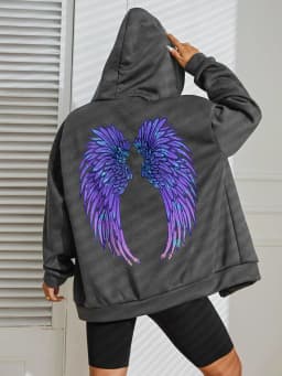 Cool Purple Creative Wings Rose Print Women Zipper Hoody Fashion Loose Sportswear Casual Fleece Hoodie Autumn Hip Hop Tracksuit