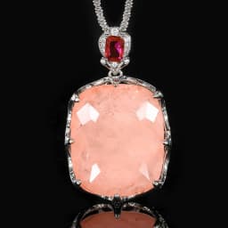 Large Cushion Cut Pink Rose Quartz Pendant Necklace Adjustable Ring Red Ruby Accent Statement Jewelry for Women Party Gift