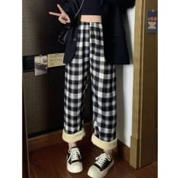 Lamb Velvet Fce Lined Thi Plaid Casual Pants Women's Autumn Winter Loose Straight Leg Wide Leg Cotton Spwear Trousers