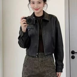 Chic Black Women Pu Leather Jacket Cropped Zip Up Lapel Collar Moto Y2K Streetwear Biker Faux Outerwear Top