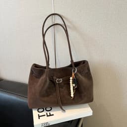 Vintage Brown Leather Tote Bag with Beaded Bag Charm Buckle Detail Large Capacity Shoulder Purse for Work Commuter Daily Use