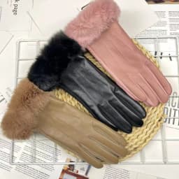 Women Winter Warm PU Leather Suede Splicing Plus Velvet Thicken Gloves Fashion Elegant Cycling Drive Touch Screen Plush Wrist