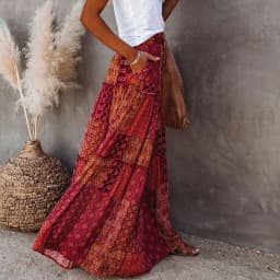Combhasaki Women's Summer Bohemian Y2K Retro Drawstring Elastic High Waist Casual Loose A-Line Swing Long Skirt with Pockets