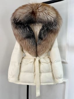 Lagabogy 2025 Thick Warm Mid-Long Puffer Coat Real Fox Fur Collar White Duck Down Coat Female Loose Warm Hooded Parkas With Belt