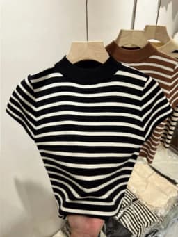 2026 Turtleneck Pullover Striped Sweater Slim Fit Top Shirt Women's Early Spring and Autumn Short Sleeve Bottoming Jumper