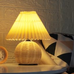 Vintage Wicker Table Light with Pleated Lampshade Bedside Lamp Farmhouse Boho Rattan Lamps for Bedroom Living Room Home Decor