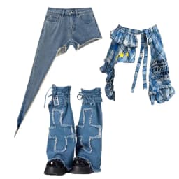 REDDACHiC Asymmetrical Denim Shorts Star Plaid Coverups Leg Warmers Women Set Trendy New Low Rise Pants Summer Retro Y2k Clothes
