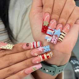 24pcs Y2K Sweet Stars Press On Nails Blue Brown Stripes French Style False Nails Wave Point Designs Autumn Vintage Fake Nail