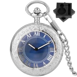 Transparent Glass Roman Numerals Blue Dial Automatic Mechanical Pocket Watch Silver Fob Chain Pendant Pocket Clock Vintage Gift