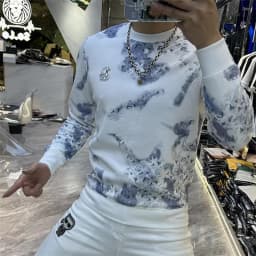 Men's Clothing Blue Pullover Top printing Sweatshirts for Man embroidery Hoodieless Slim Fit Style top